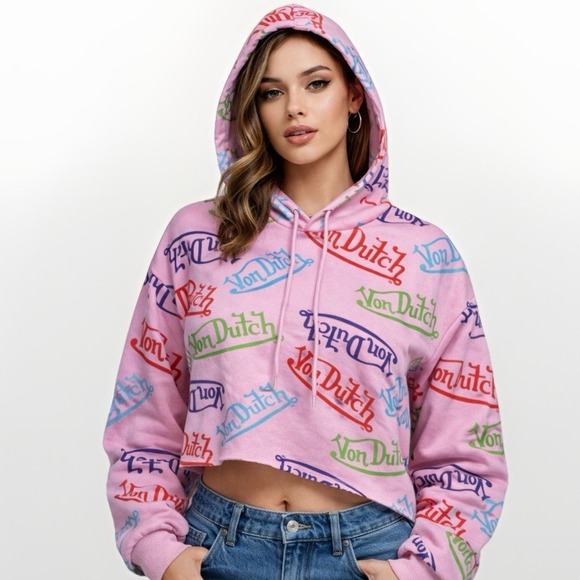 Von Dutch Tops - Von Dutch Pink All Over Logo Hoodie‎ Sweatshirt Cropped Y2K Streetwear Womens S